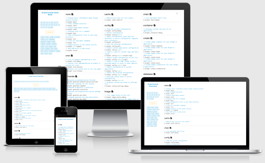 The Drupal Console cheat sheet, a quick reference guide.